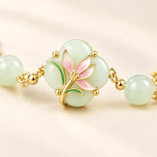 Close detail of the jade centrepiece and the pink enamel flower