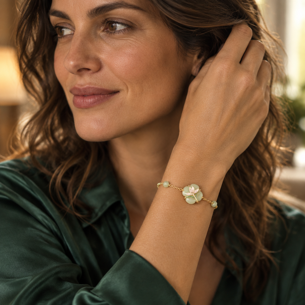 Magnolia Jade Bracelet worn, wrist raised in window light