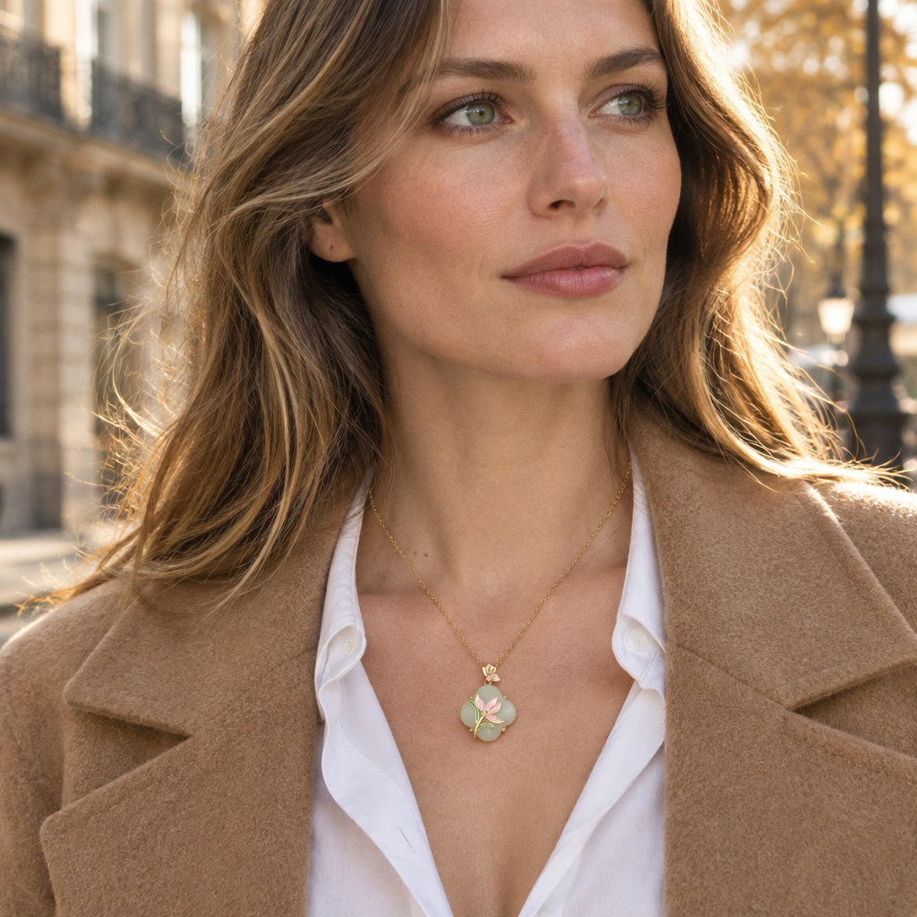 Magnolia Jade Necklace worn with a camel coat in daylight