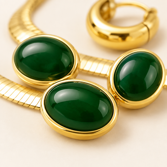 Close detail of the green cabochons across the three Cléo pieces