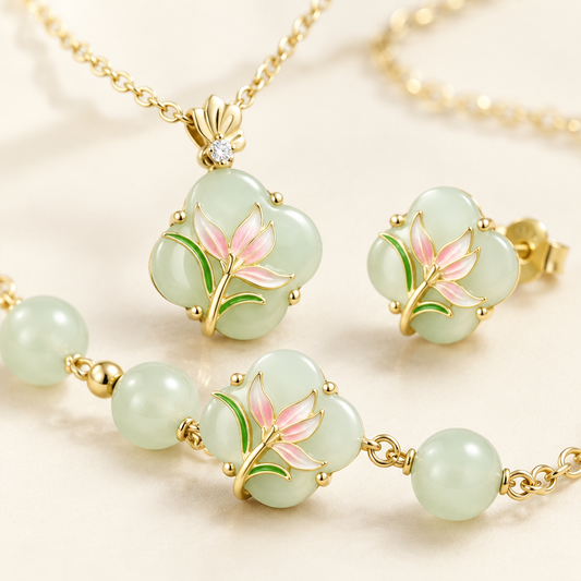 Close detail of the jade blossoms and pink enamel flowers