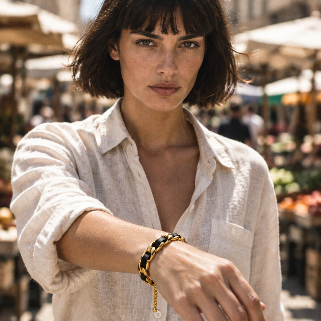 Tandem Leather Bracelet worn walking through a market in midday light