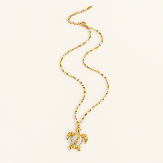Récif Pendant Necklace, Turtle - ARWELY, gold turtle charm with white inlay on a sequin-link chain