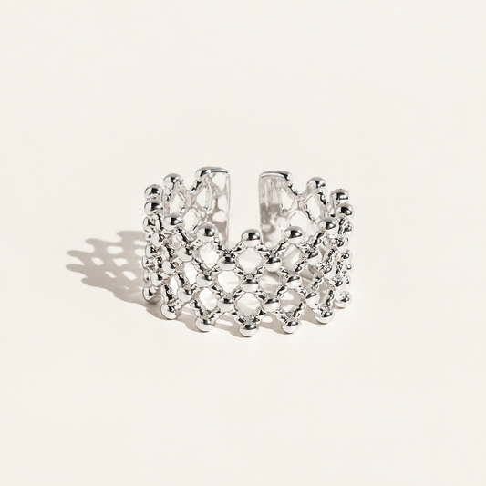Tressa Open Ring in silver - ARWELY, wide open band of small beads in a diamond lattice