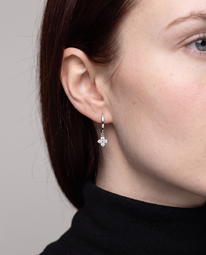 Lucky Clover Earrings in silver finish worn close-up - ARWELY detail on the body