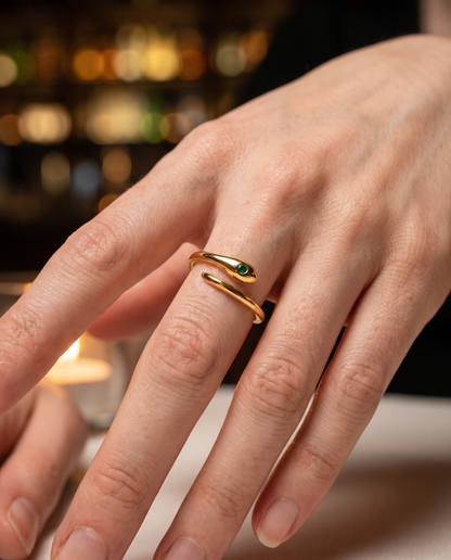 Serpent Ring in gold finish worn close-up - ARWELY detail on the body