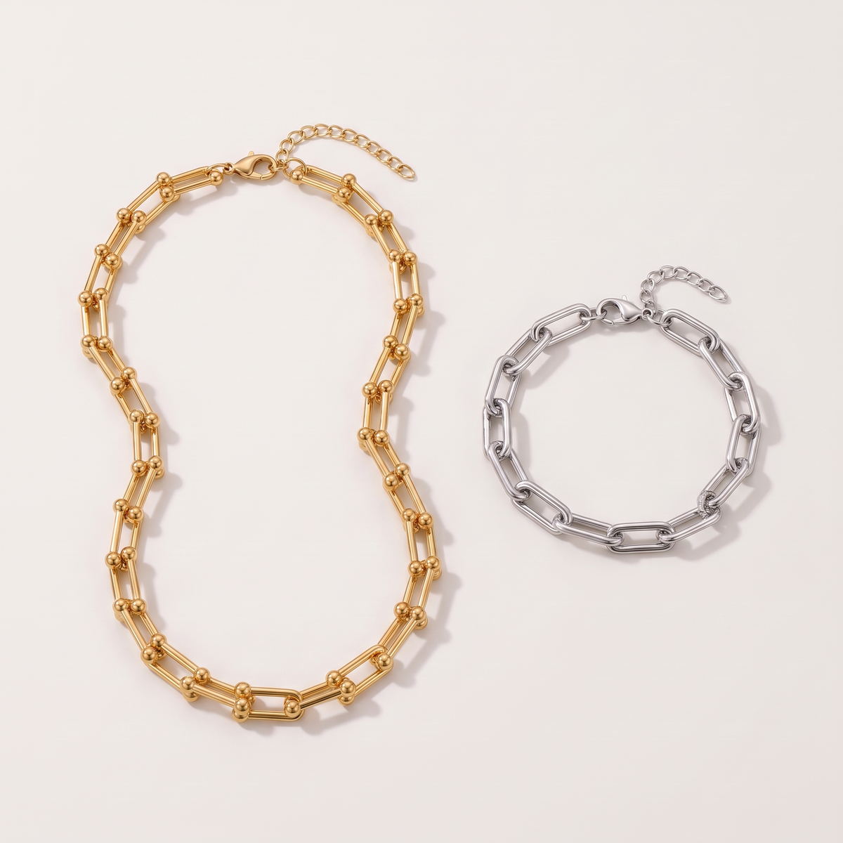 Vera Chain Set - ARWELY gold paperclip necklace with silver bracelet