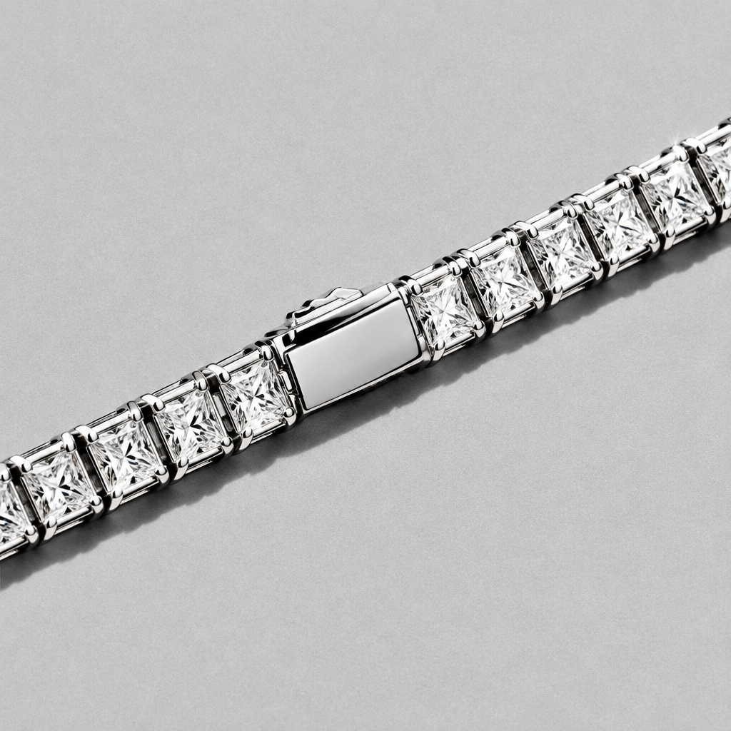 Rivière Tennis Bracelet close up on a diagonal, hard light across the square stones