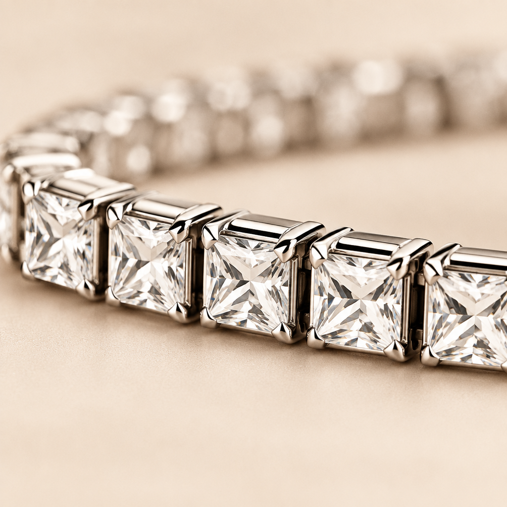 Macro detail of the Rivière Tennis Bracelet showing each square stone in its own setting