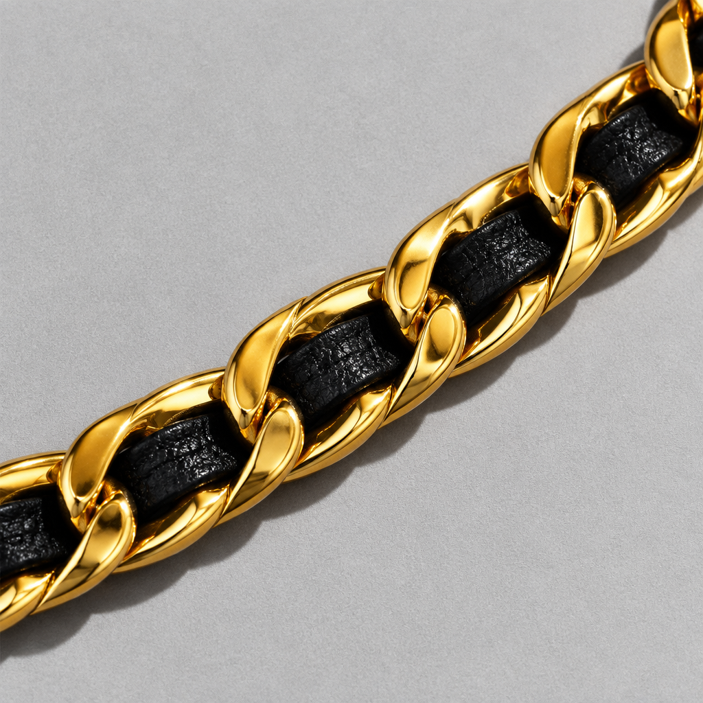 Tandem Leather Bracelet close up on a diagonal, hard light raking the leather grain