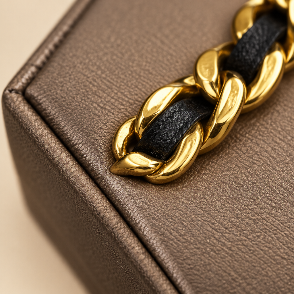 Macro detail where the leather panel meets the gold chain