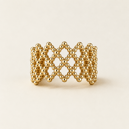 Tressa Open Ring in gold - ARWELY, wide open band of small beads in a diamond lattice