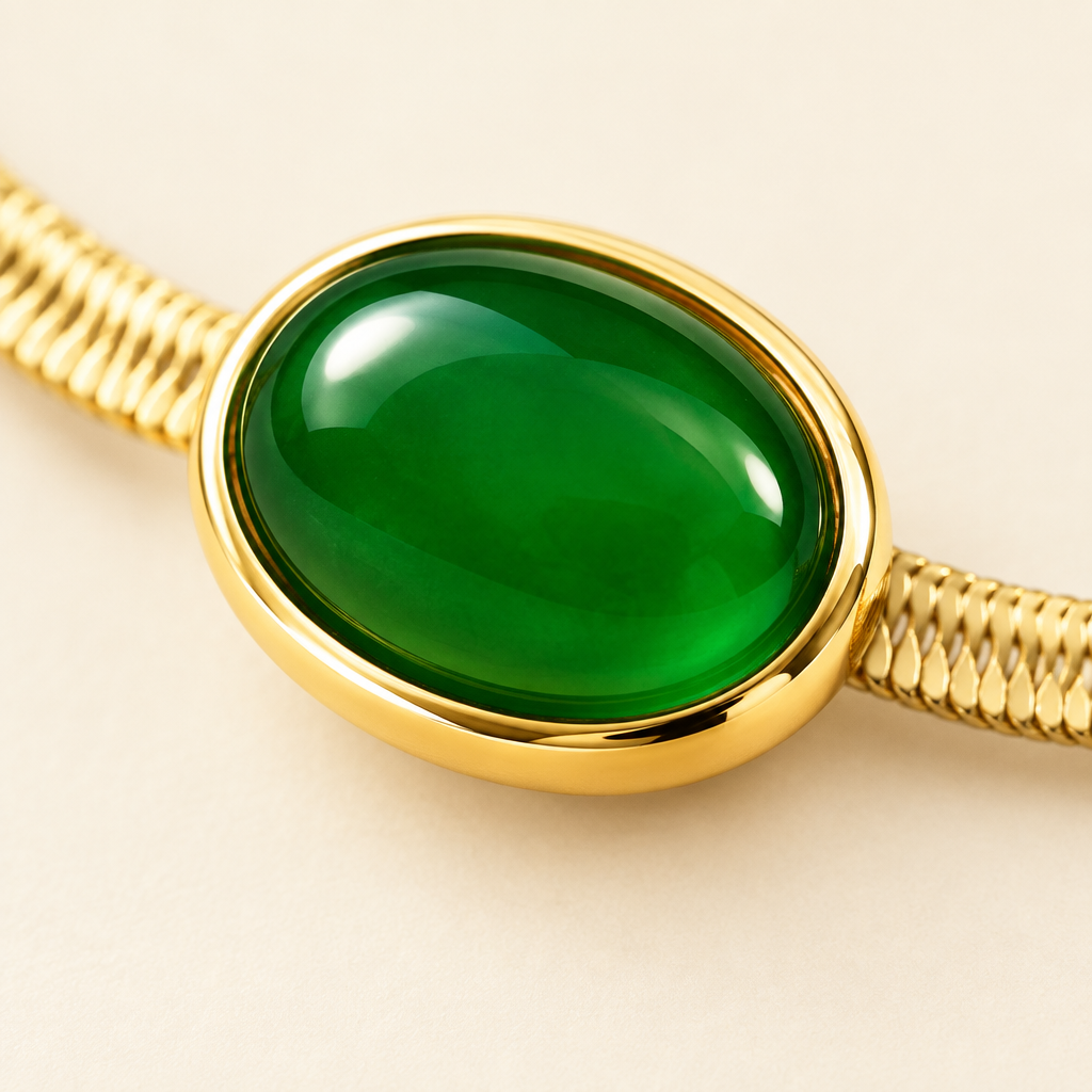 Macro detail of one green cabochon in its polished gold bezel on the Cléo Necklace