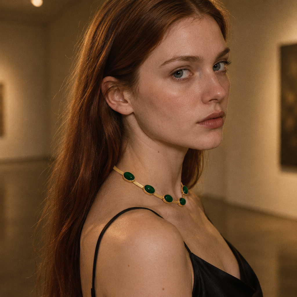 Cléo Necklace worn in a gallery room in the evening