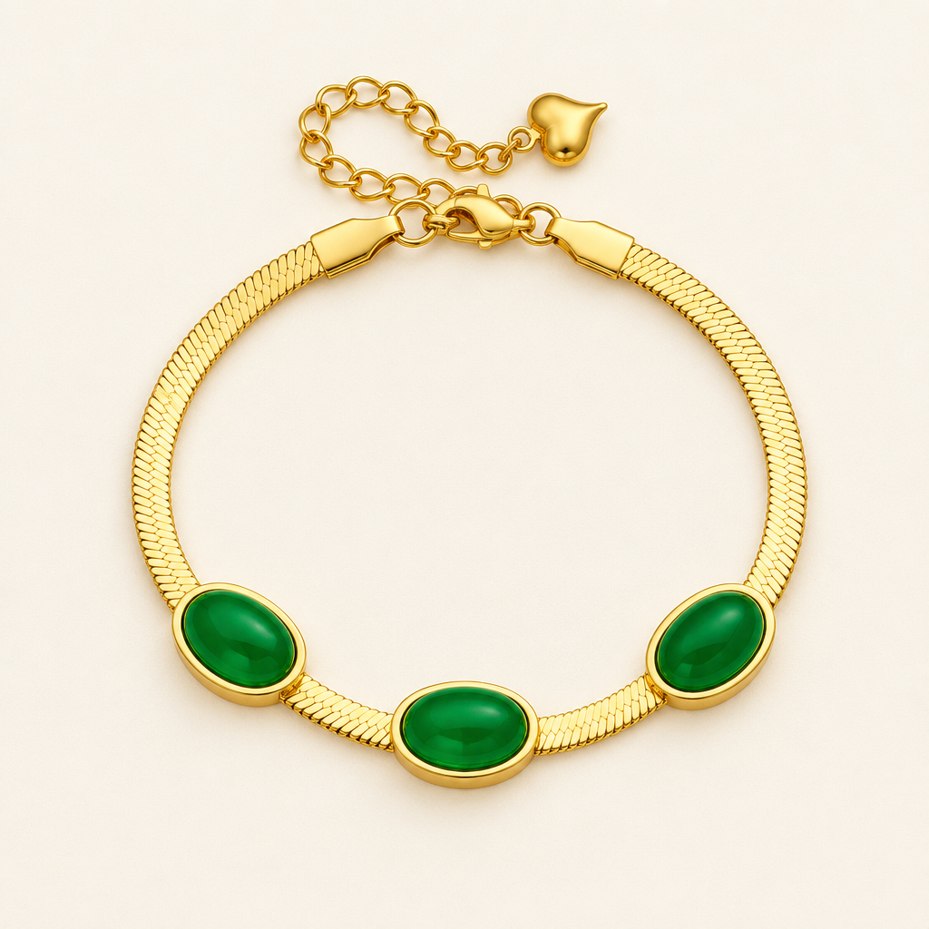 Cléo Bracelet in 18K gold-plated stainless steel with oval green cabochons on a flat snake chain