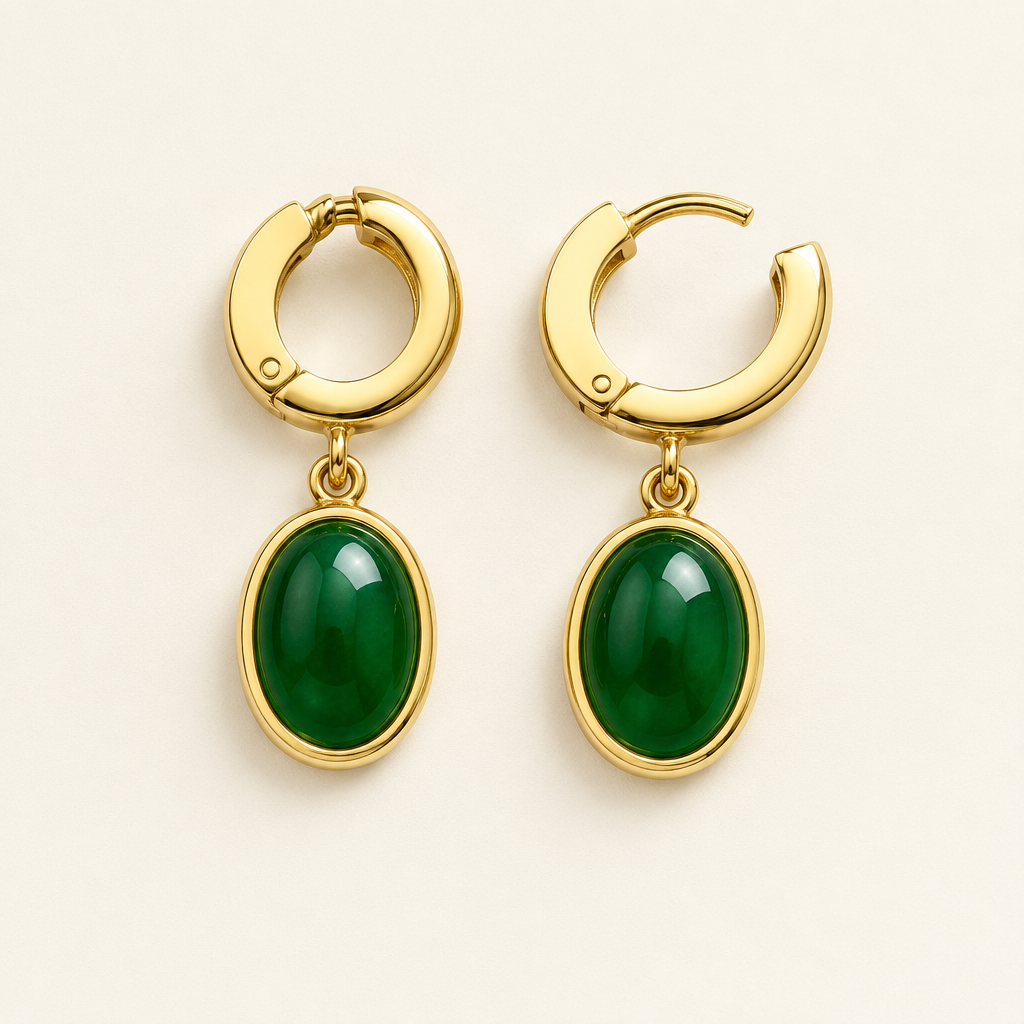 Cléo Drop Earrings, gold huggie hoops with an oval green cabochon drop