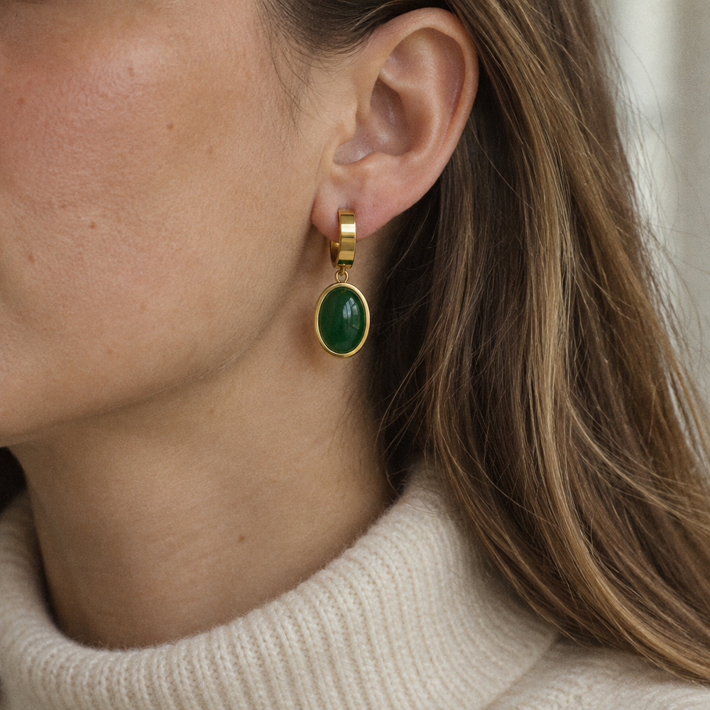Cléo Drop Earrings worn, close view of the ear