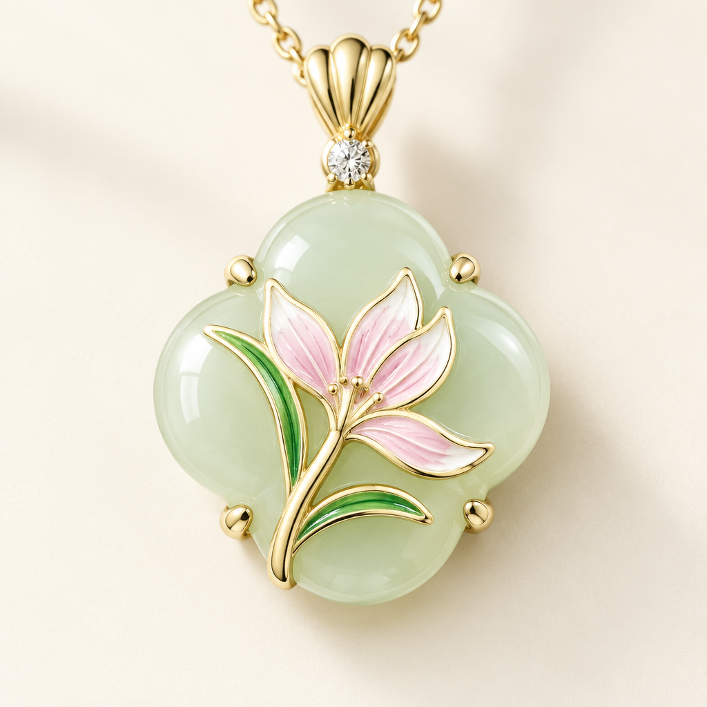 Close detail of the pink and green enamel flower set over the jade