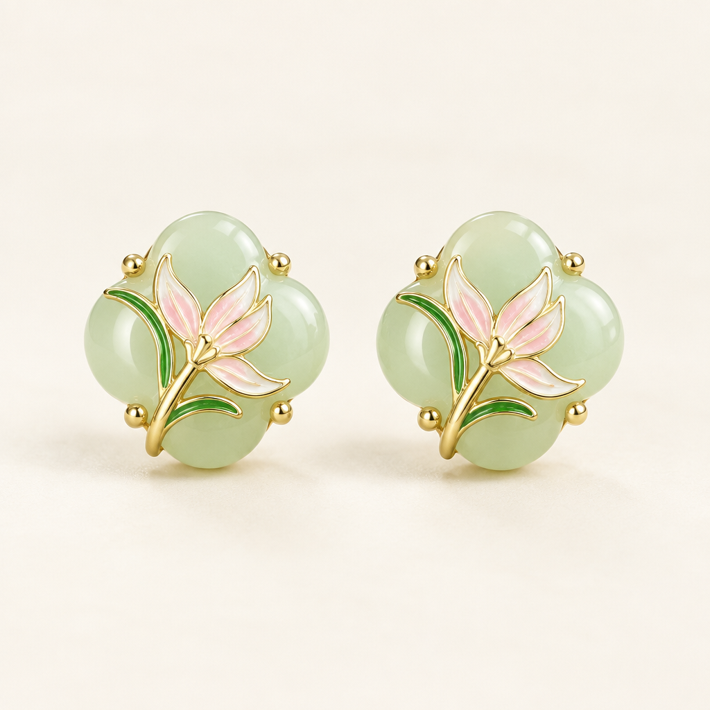 Magnolia Jade Earrings, a pair in gold with pink enamel flowers