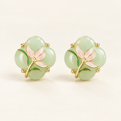 Magnolia Jade Earrings, a pair in gold with pink enamel flowers