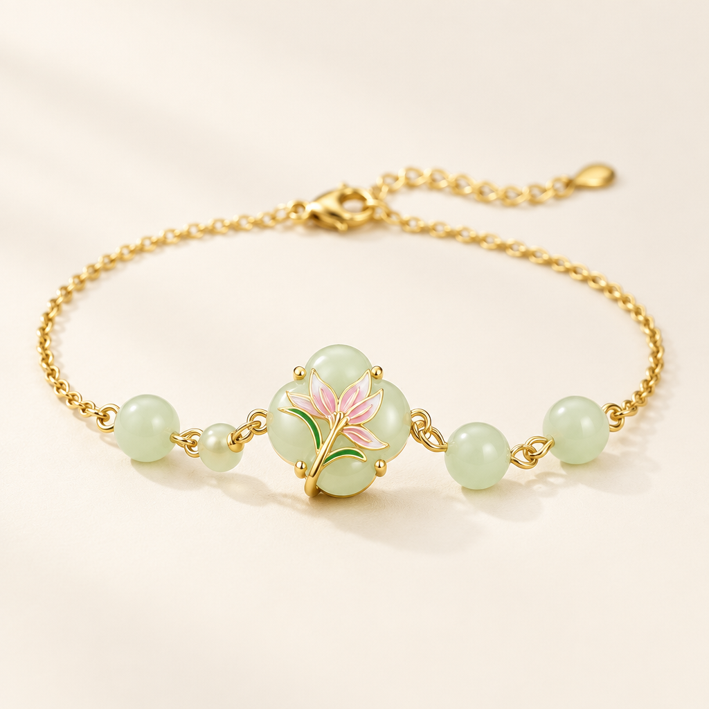 Magnolia Jade Bracelet in gold with jade beads along the chain