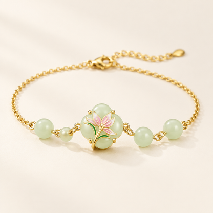 Magnolia Jade Bracelet in gold with jade beads along the chain