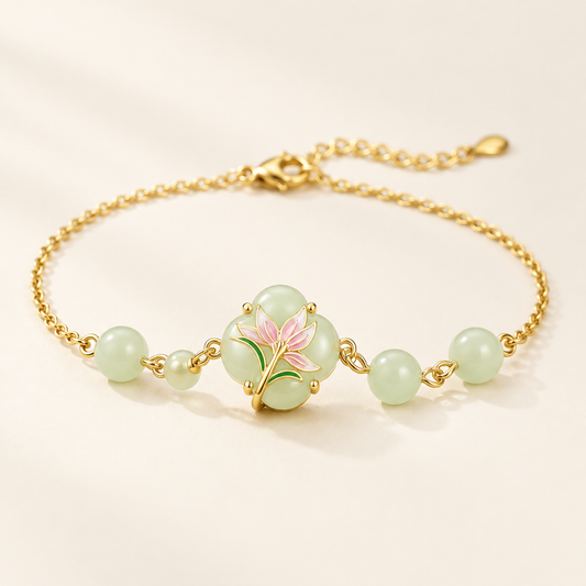 Magnolia Jade Bracelet in gold with jade beads along the chain