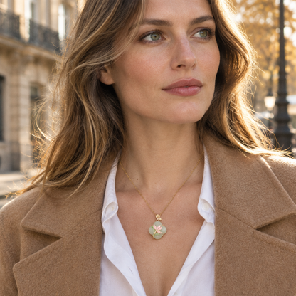 Magnolia Jade Necklace worn with a camel coat in daylight