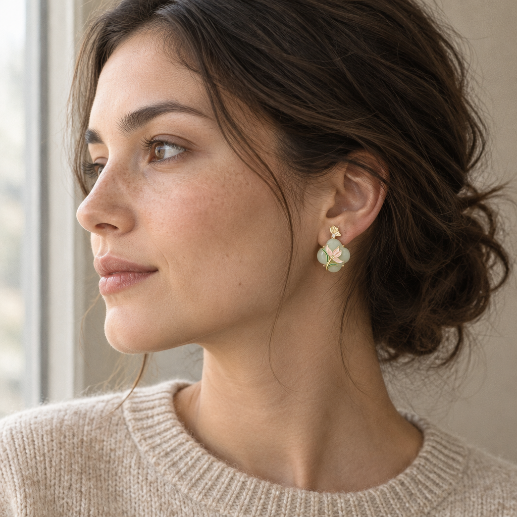 Magnolia Jade Earrings worn in profile by window light
