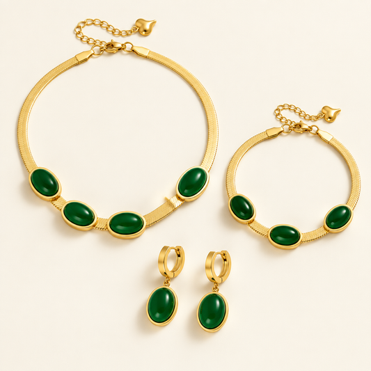 Cléo Set — necklace, bracelet and drop earrings in gold with green cabochons