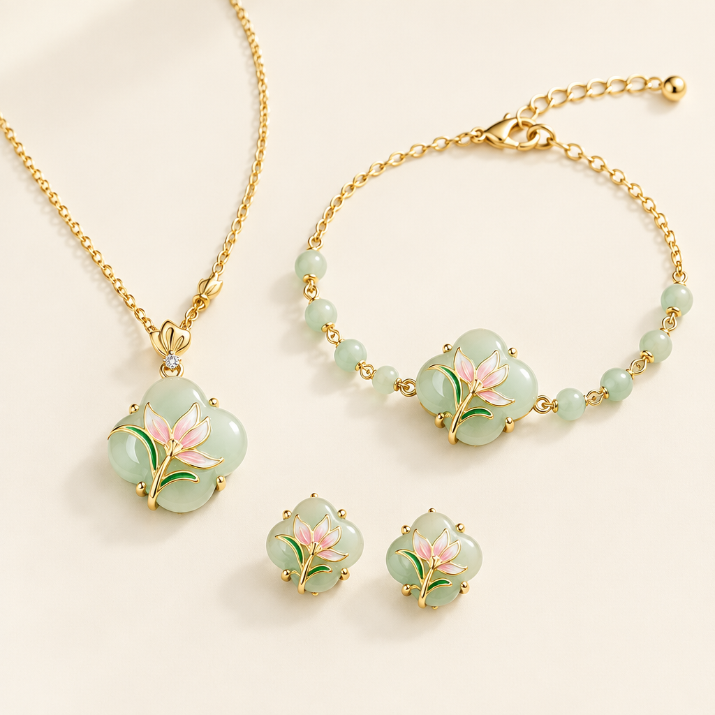 Magnolia Jade Set — necklace, bracelet and earrings in gold