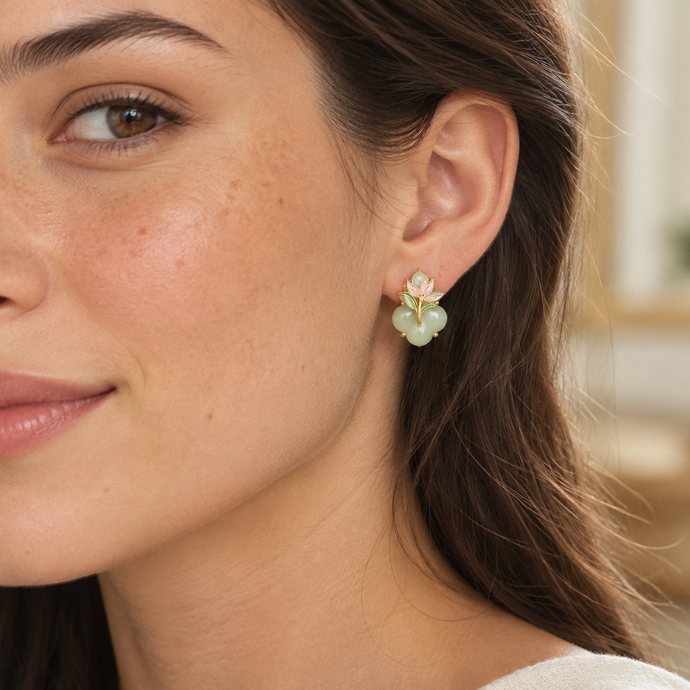 Magnolia Jade Earring worn, close view of the ear
