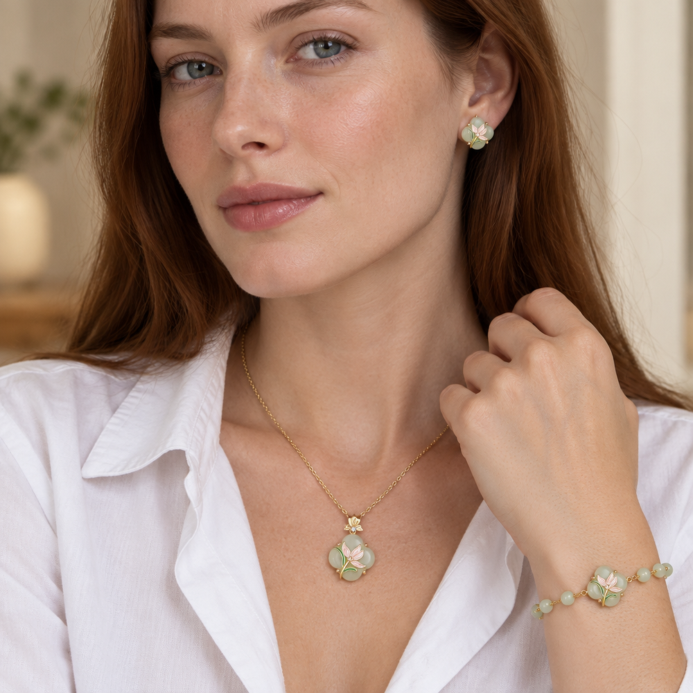 The Magnolia Jade Set worn — necklace, bracelet and earrings together