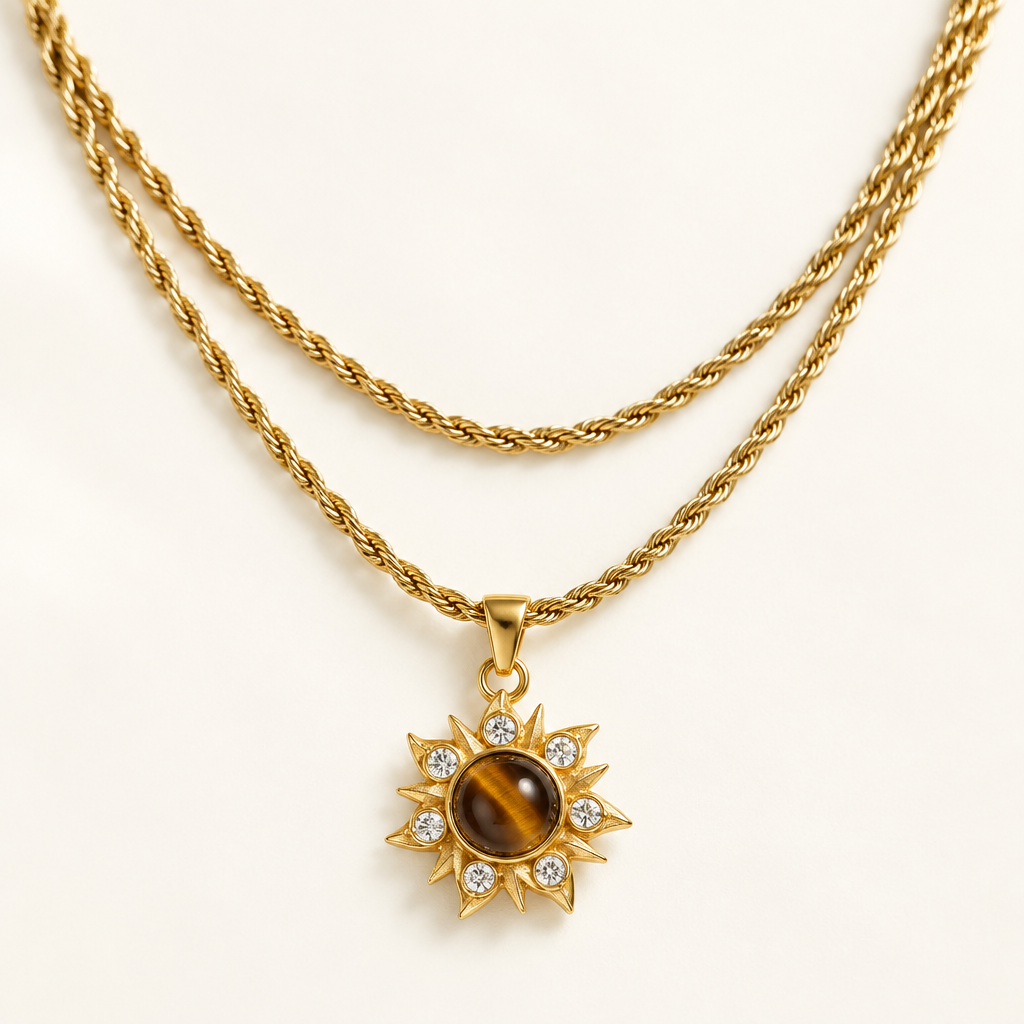 Soleil Pendant Necklace — tiger's eye sun with six crystals on a rope chain
