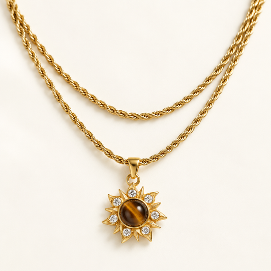 Soleil Pendant Necklace — tiger's eye sun with six crystals on a rope chain