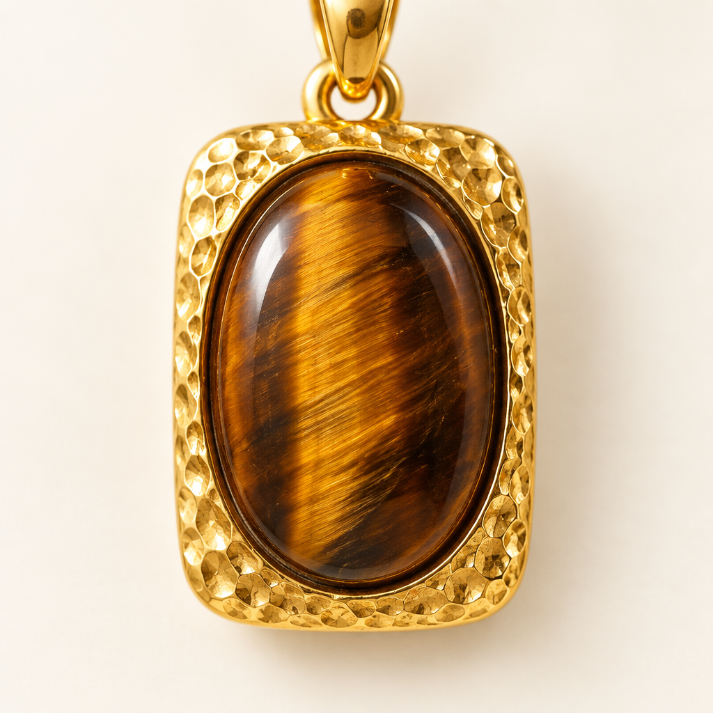 Close detail of the hammered frame and the tiger's eye
