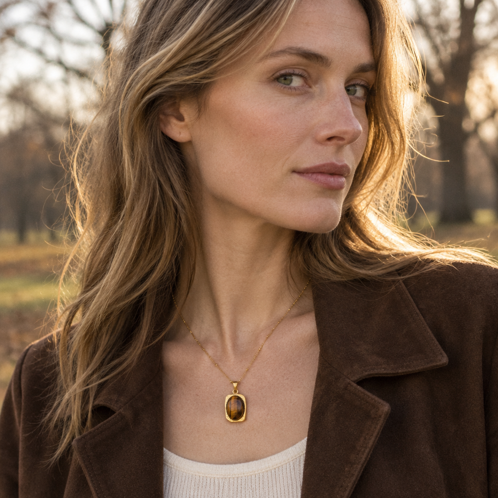 Stèle Pendant Necklace worn outdoors in autumn light