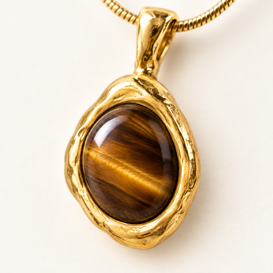 Close detail of the tiger's eye and the poured gold edge