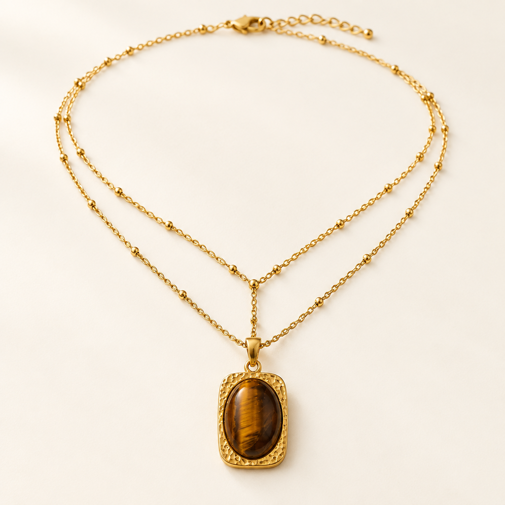 Stèle Pendant Necklace — tiger's eye in a hammered gold rectangle