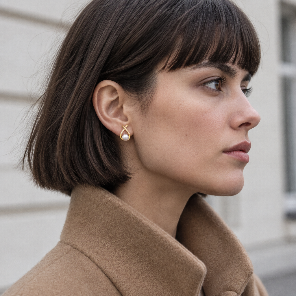 Ruban Pearl Earrings worn in profile outdoors