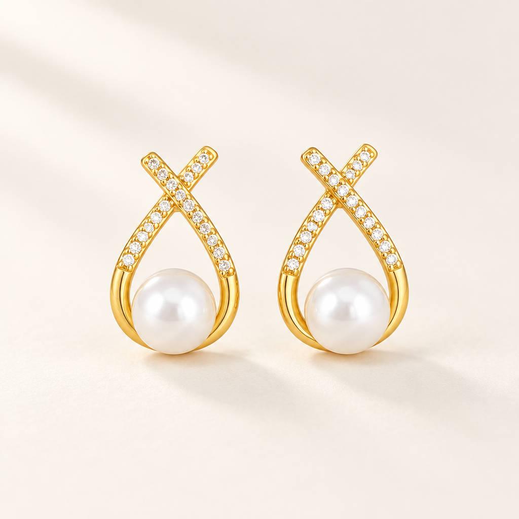 Ruban Pearl Earrings — a pair of gold ribbon studs cradling a pearl