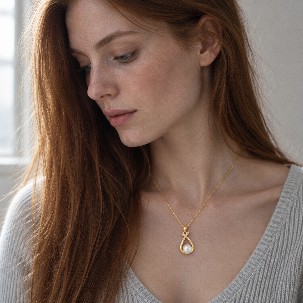 Ruban Pearl Necklace worn, seen in profile