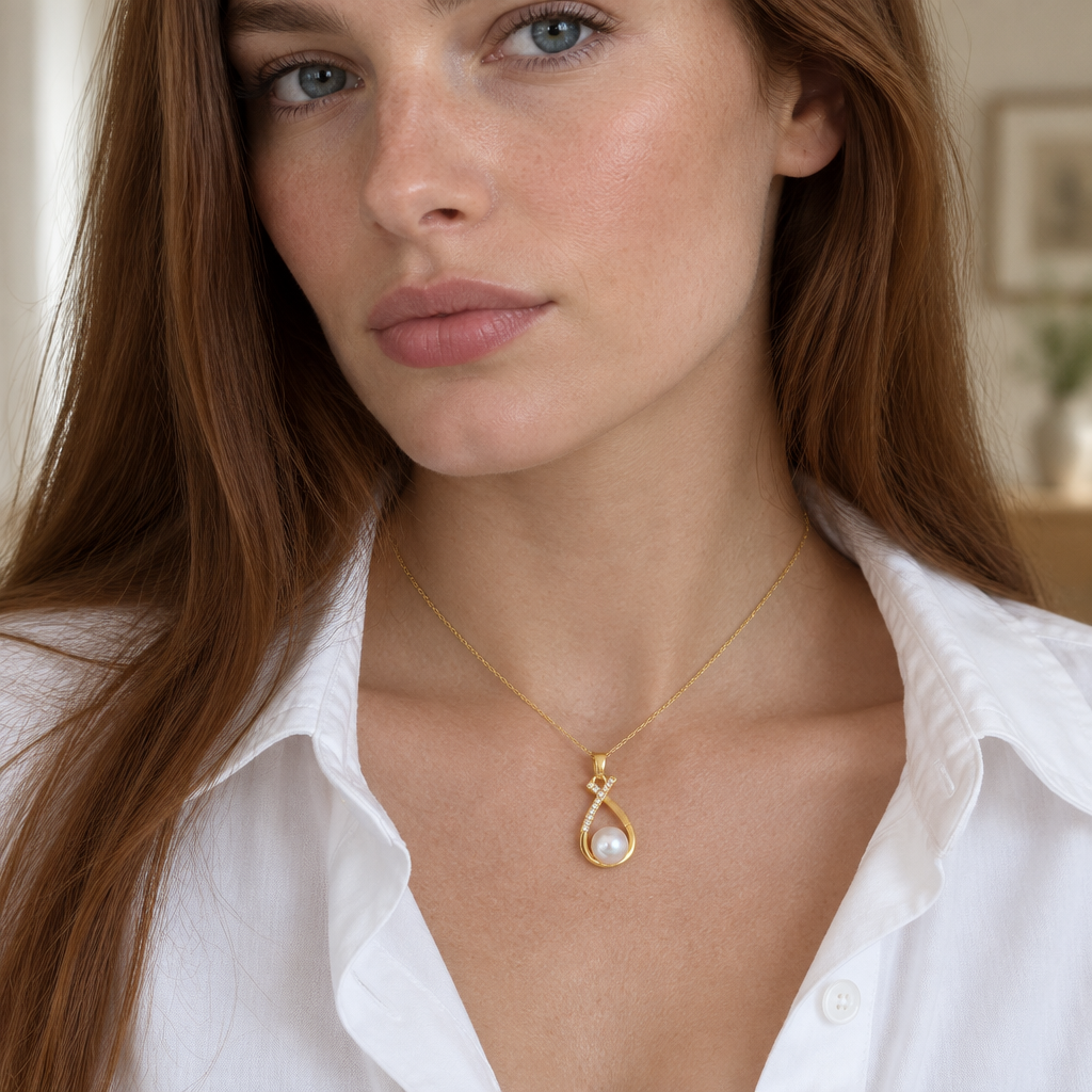Ruban Pearl Necklace worn high at the throat