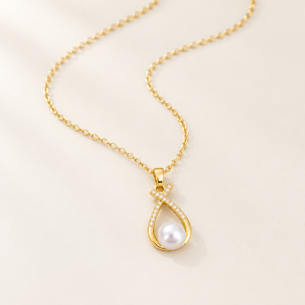Ruban Pearl Necklace — a gold ribbon curling around a single pearl
