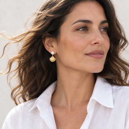 Marée Shell Earrings worn outdoors in soft daylight