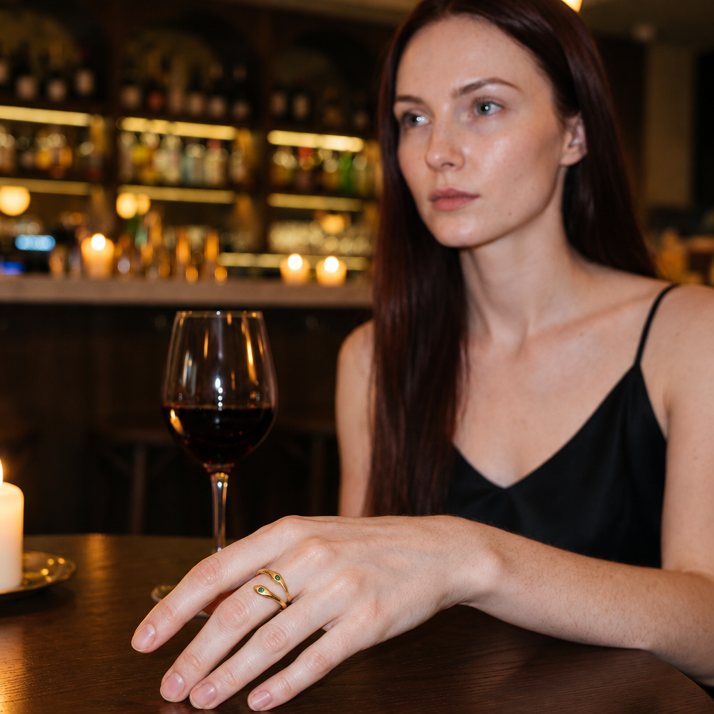 Serpent Ring in gold finish worn by a model - ARWELY evening lifestyle photo