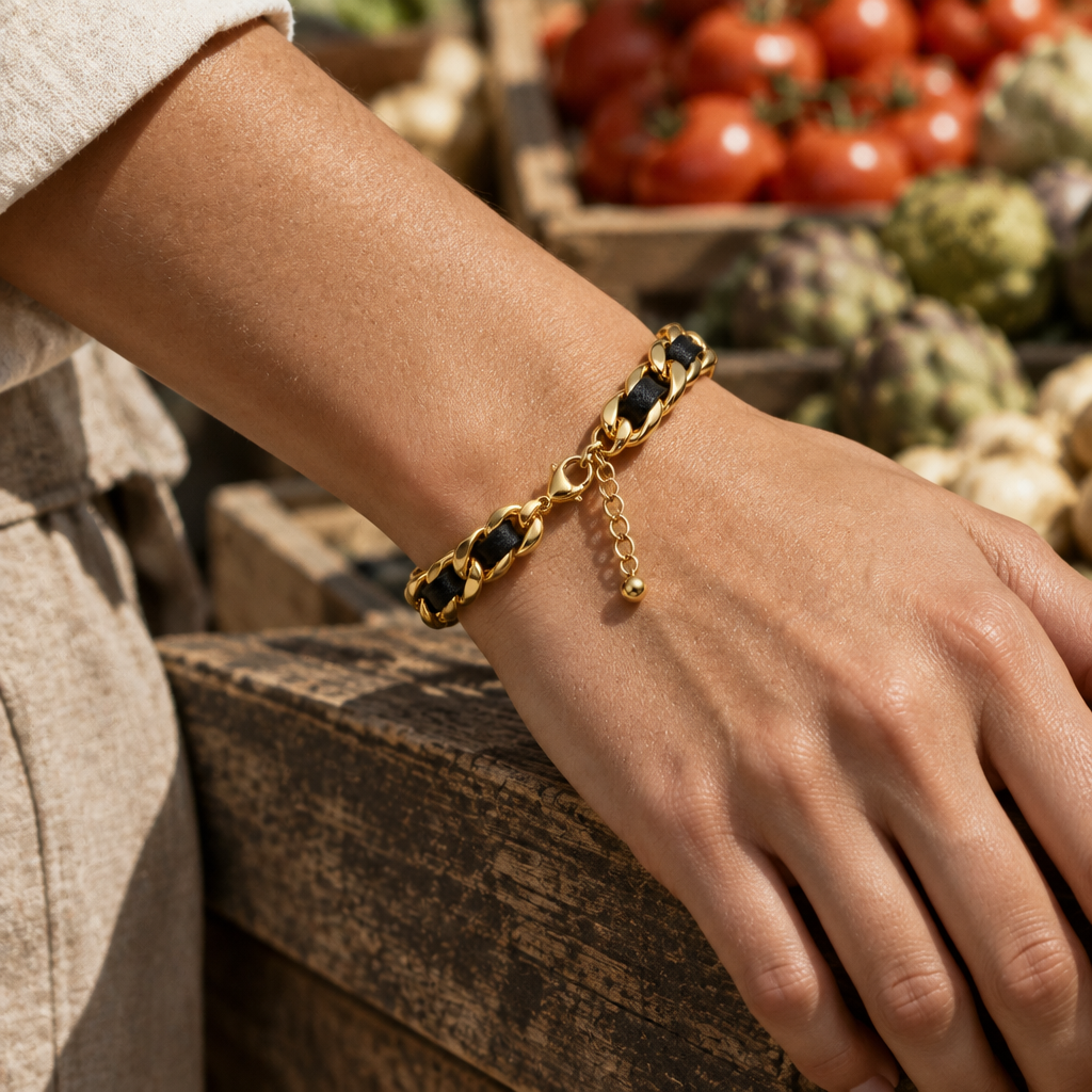 Tandem Leather Bracelet worn on the wrist at an outdoor market