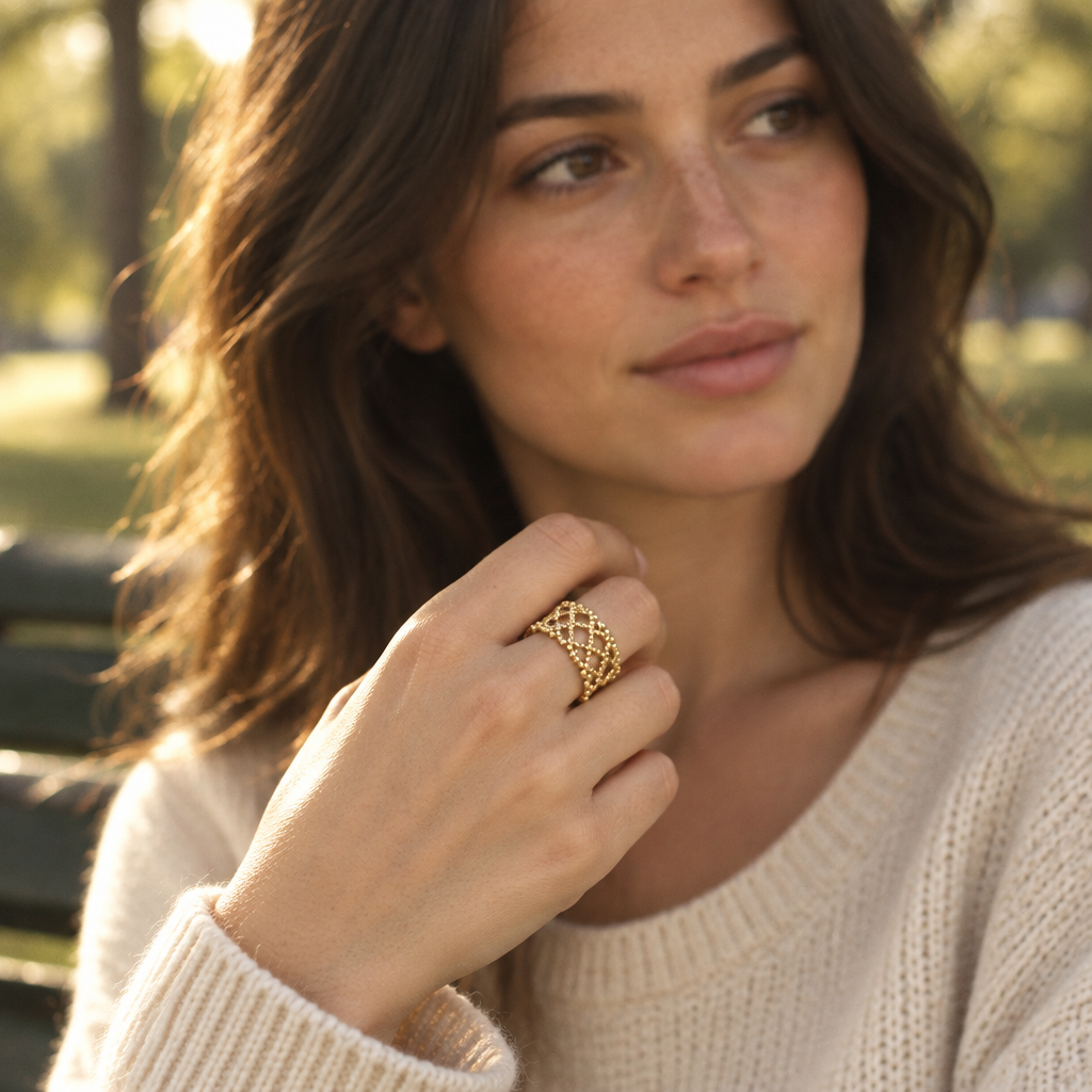 Tressa Open Ring worn outdoors in a park in afternoon light
