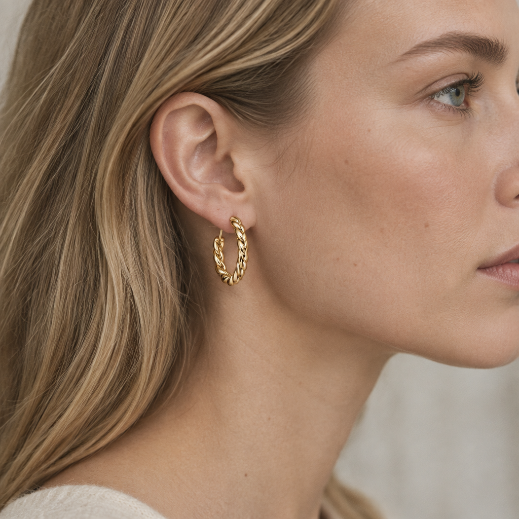 Arc Hoop Earring worn, side profile in daylight