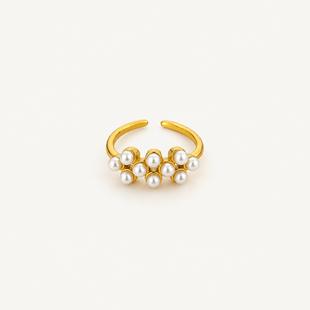 Halo Open Ring in imitation pearl - ARWELY, open gold band with a cluster of bezel-set pearls